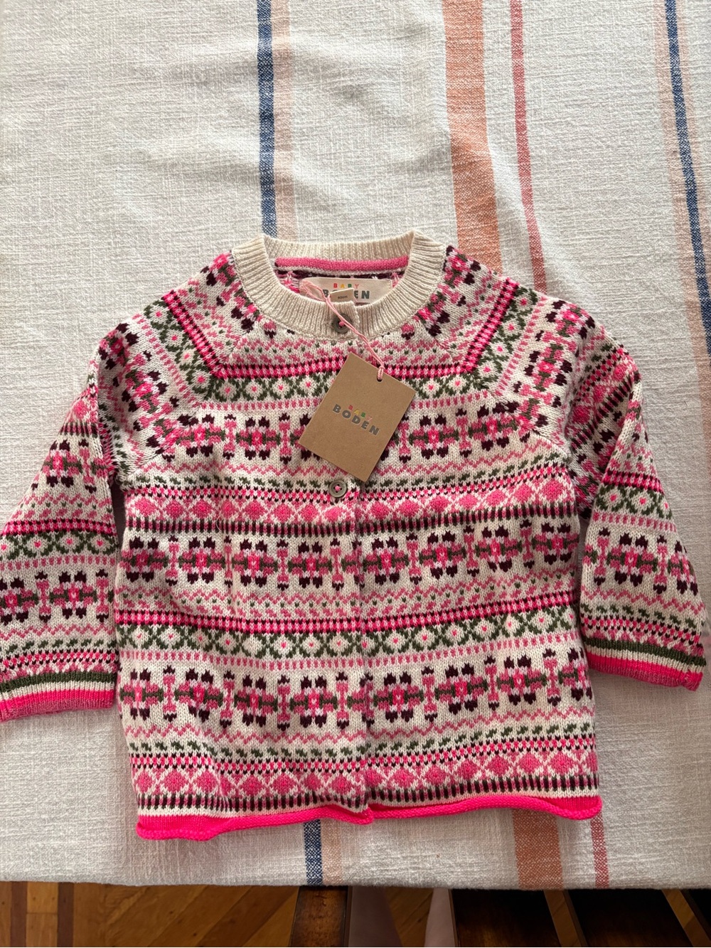 Baby Boden Cream Fair Isle Knit Sweater with Pink Accents